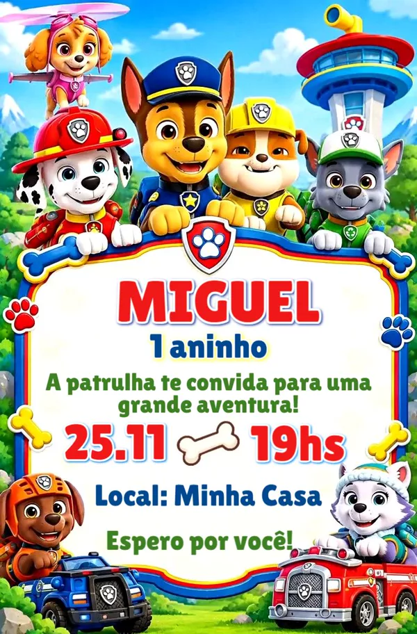 Convite Animado Aniversário Patrulha Canina Para Editar Online