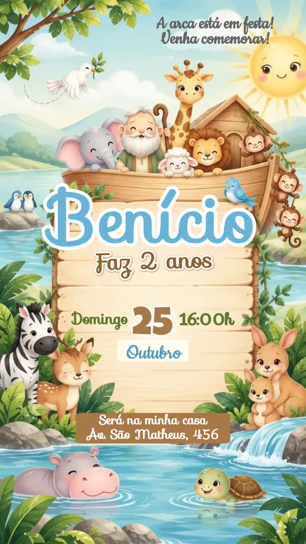 Convite Animado Aniversário Arca de Noé Safari Para Editar Online