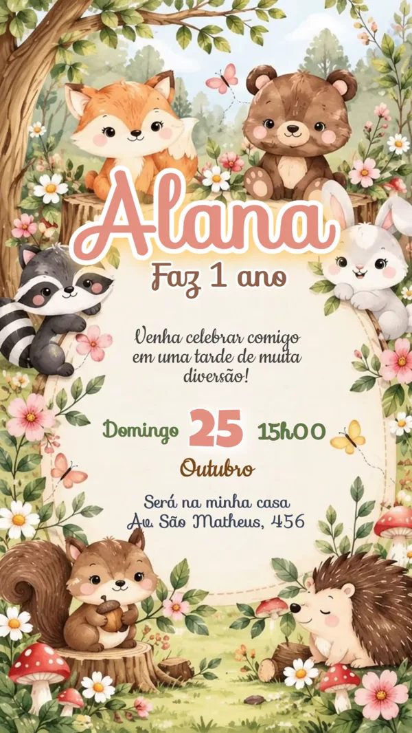 Convite Animado Aniversário Bosque Encantado Para Editar Online