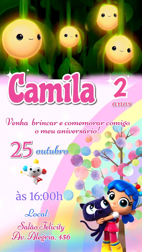 Convite Animado Aniversário Reino Arco-íris Para Editar Online
