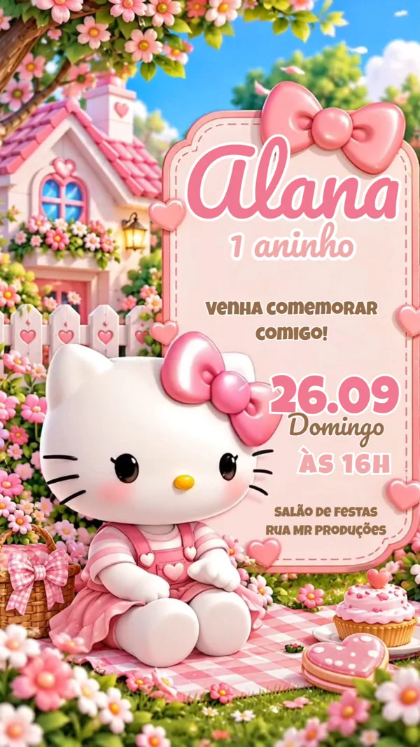 Convite Animado Aniversário Hello Kitty Jardim Para Editar Online