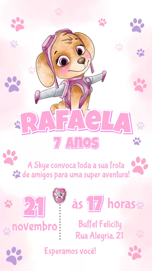 Convite Aniversário Patrulha Canina Skye Rosa Para Editar Online