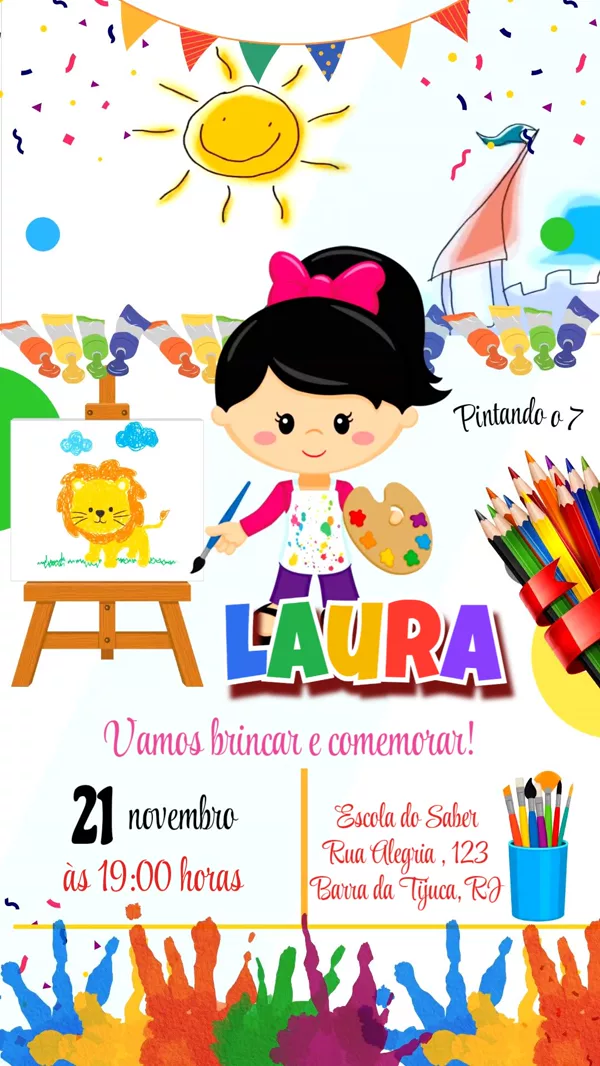 Convite Animado Aniversário Pintando o 7 Menina Para Editar Online