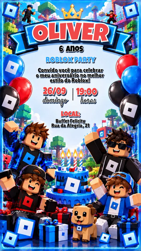 Convite Aniversário Roblox Azul Para Editar Online
