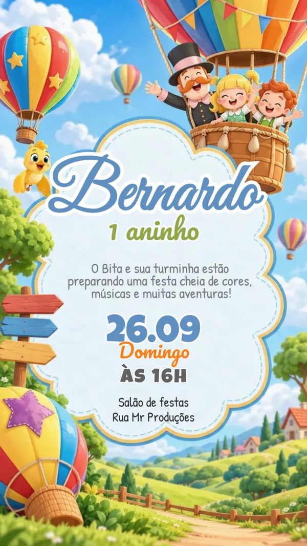 Convite Animado Aniversário Mundo Bita Balão Para Editar Online
