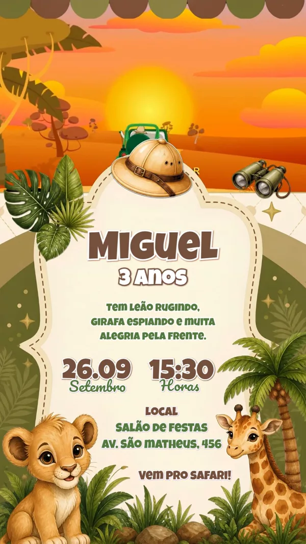 Convite Animado Aniversário Safari Leão e Girafa Para Editar Online