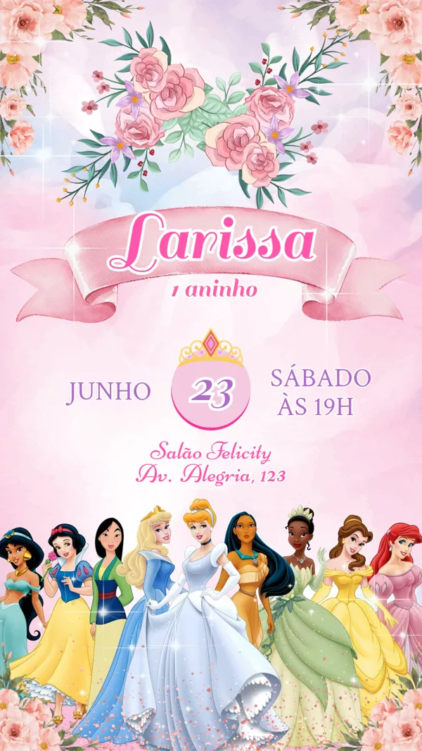 Convite Aniversário Princesas Disney Floral Para Editar Online