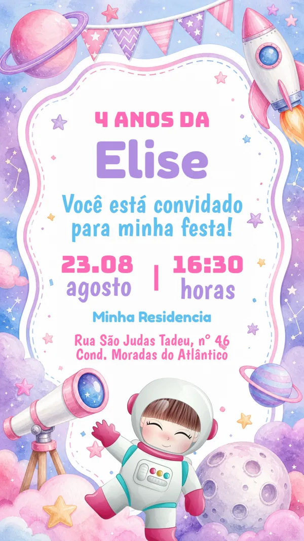 Convite Aniversário Astronauta Menina Para Editar Online