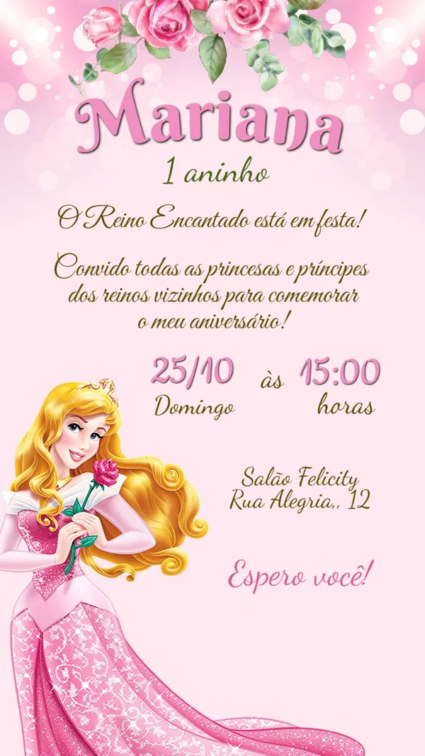 Convite Aniversário Princesa Aurora Rosa Para Editar Online