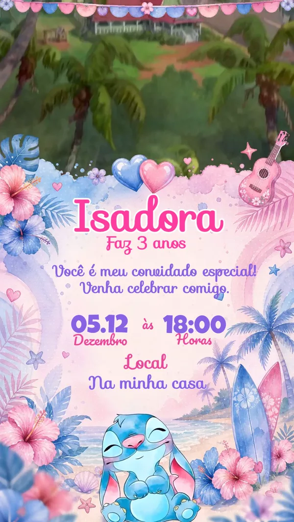 Convite Animado Aniversário Stitch Praia Havaiana Para Editar Online