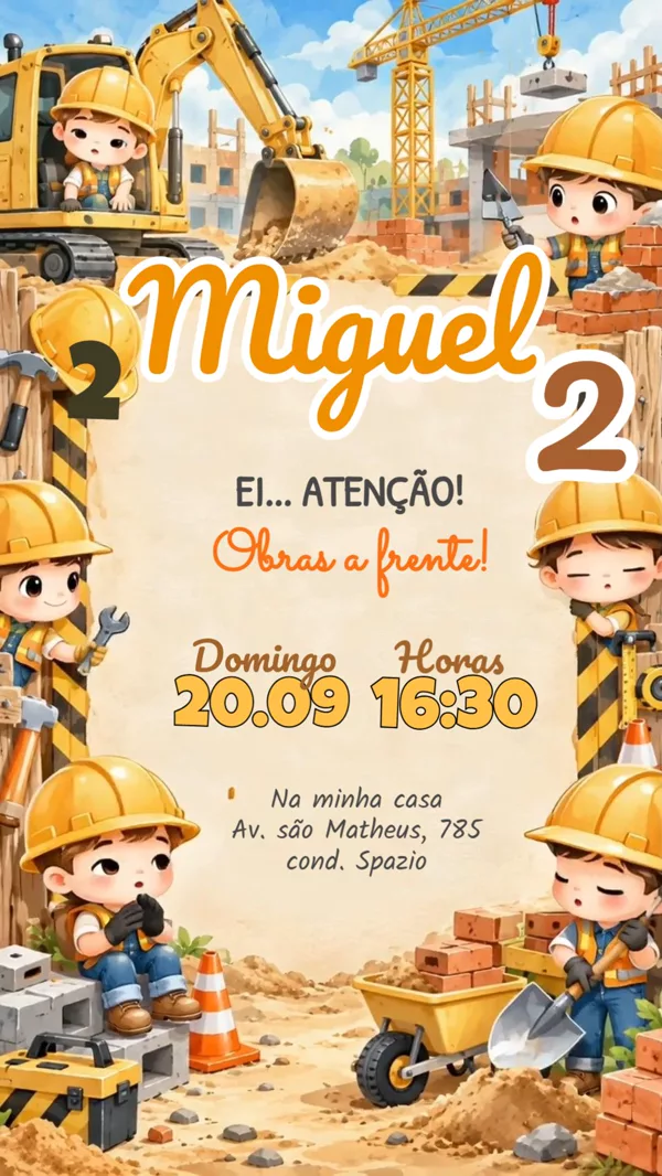 Convite Animado Aniversário Construção Civil Para Editar Online