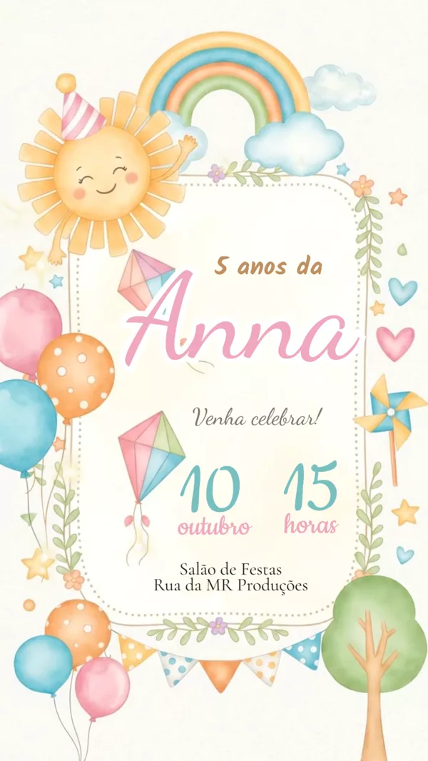 Convite Animado Aniversário Sol Arco-Íris Pipa Para Editar Online