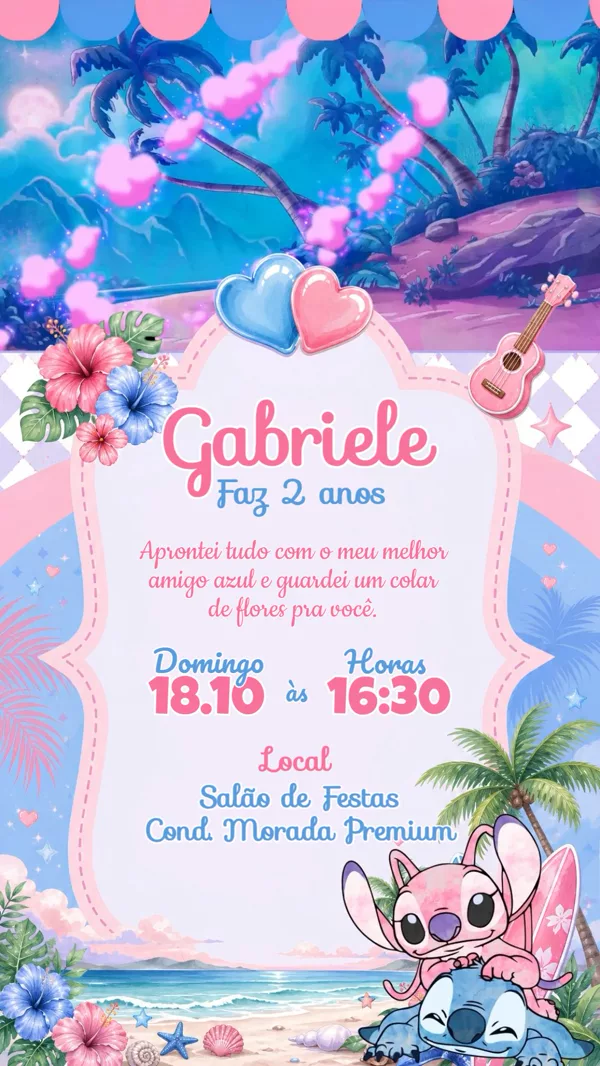 Convite Animado Aniversário Stitch e Angel Praia Para Editar Online