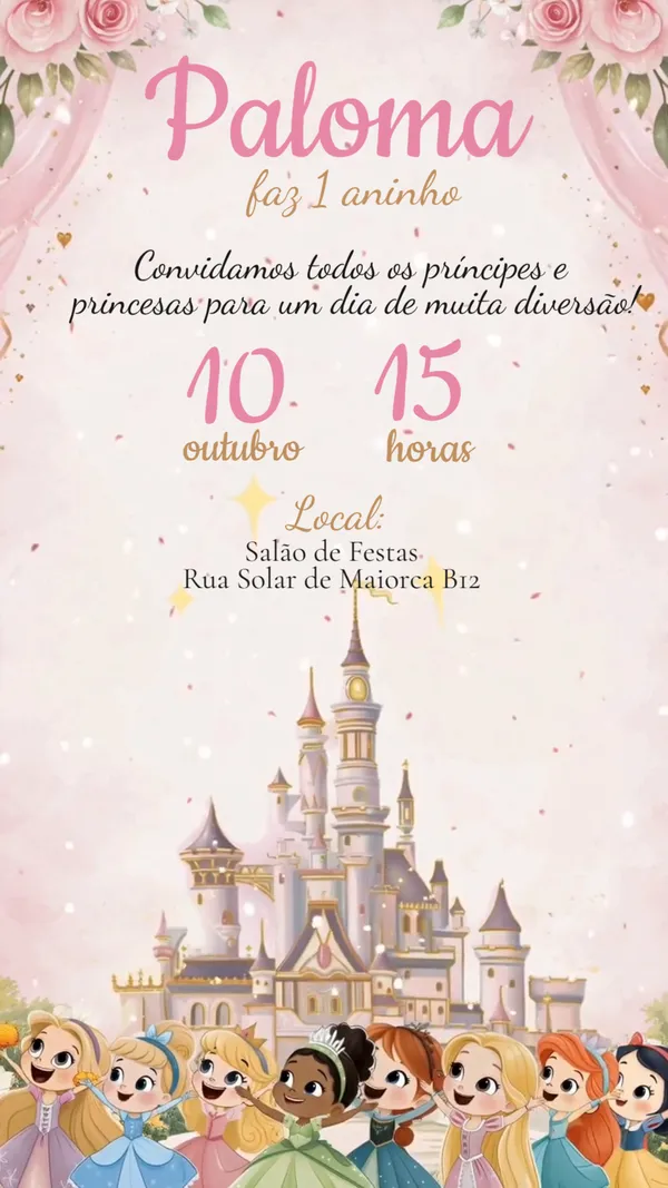 Convite Animado Aniversário Princesas Castelo Para Editar Online