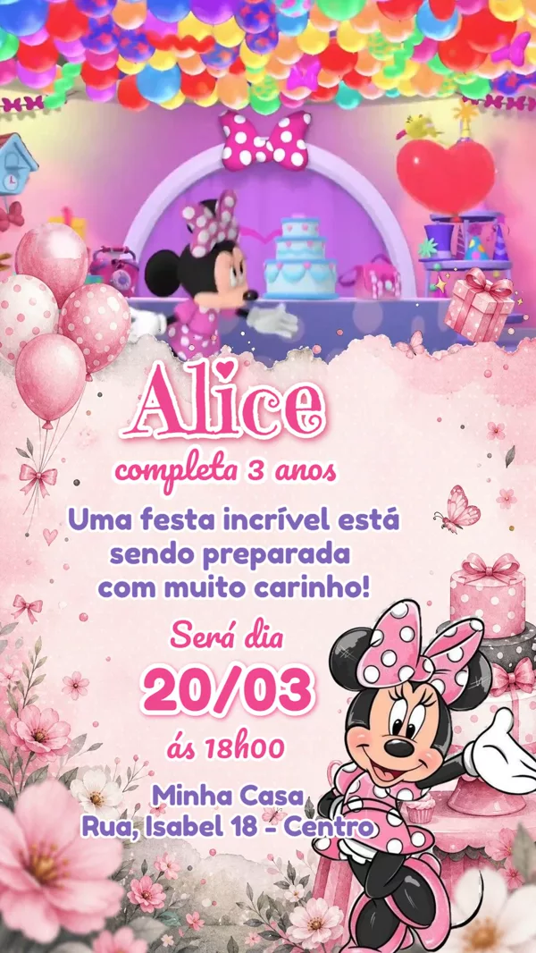 Convite Animado Aniversário Minnie Festa Para Editar Online