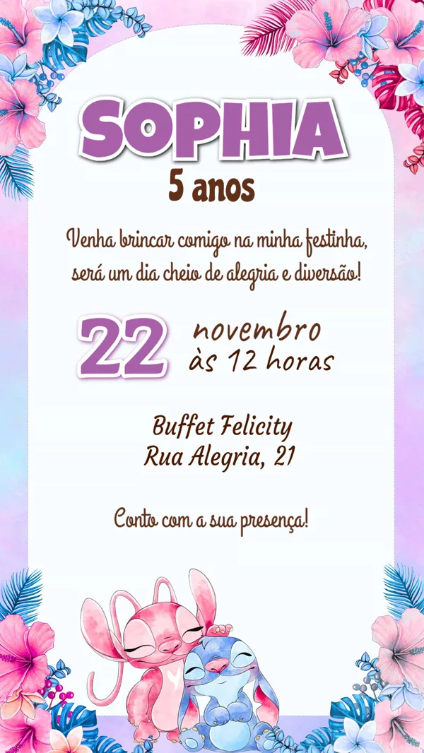 Convite Aniversário Stitch e Angel Floral Para Editar Online