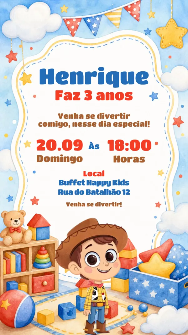 Convite Aniversário Toy Story Woody Para Editar Online