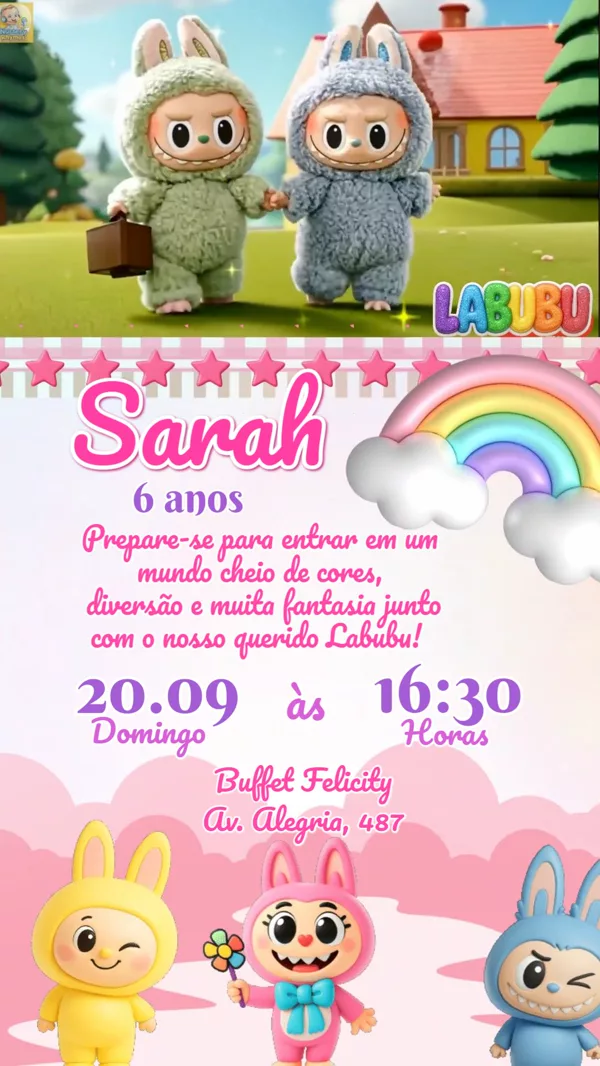 Convite Animado Aniversário Labubu Arco-Íris Para Editar Online