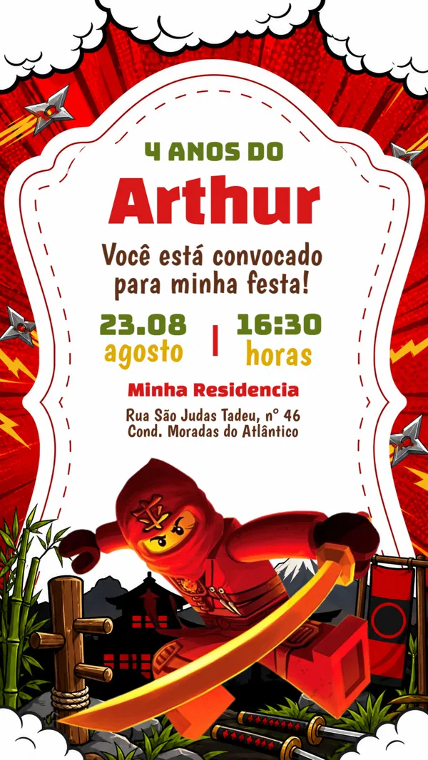 Convite Aniversário Ninja Lego Para Editar Online
