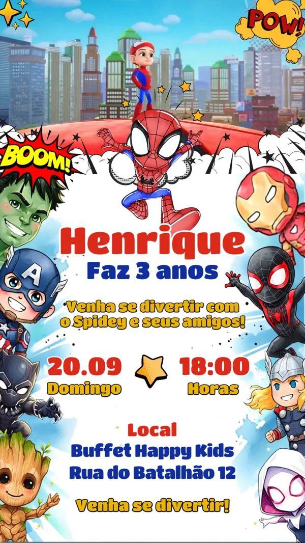 Convite Animado Aniversário Vingadores Homem-Aranha Para Editar Online