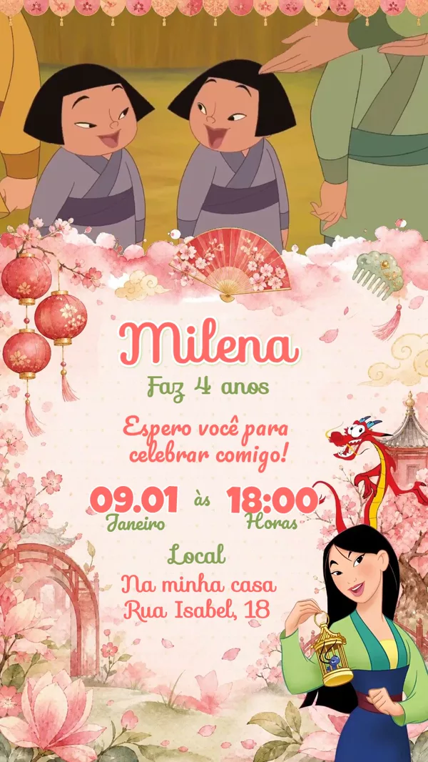 Convite Animado Aniversário Mulan Flores de Para Editar Online