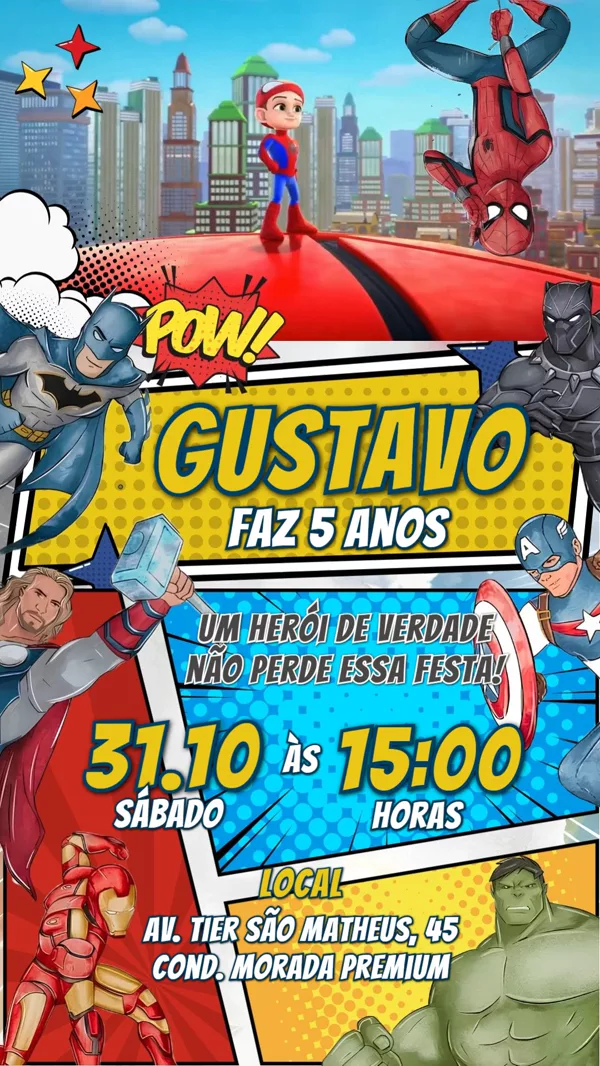 Convite Animado Aniversário Super-Heróis Vingadores Para Editar Online