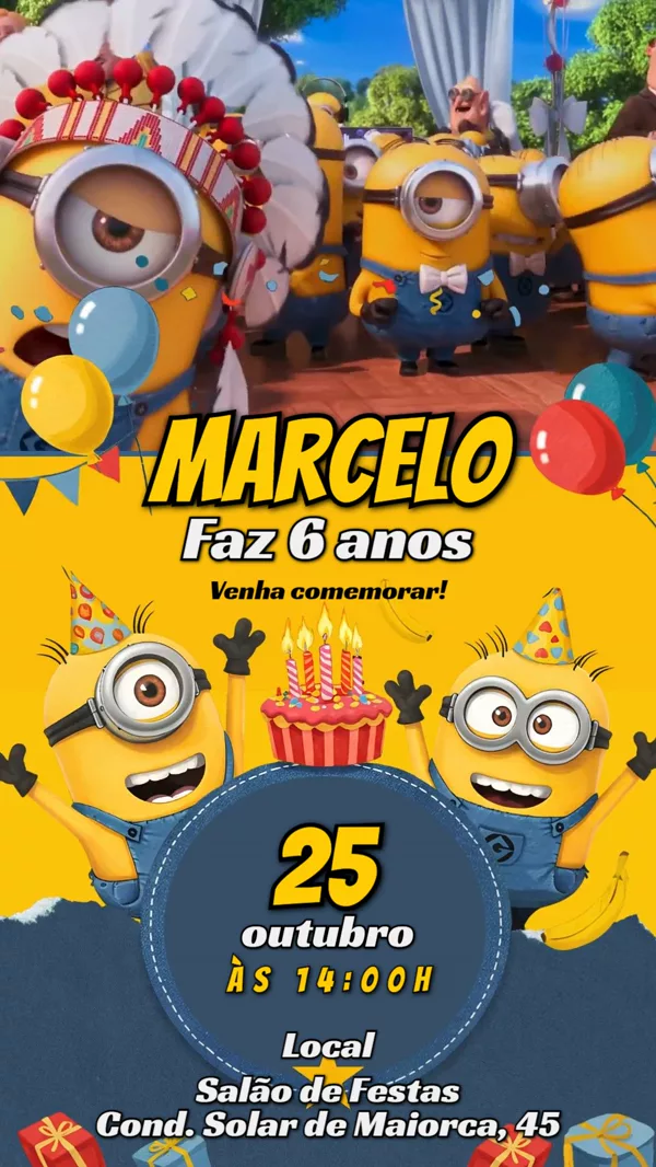 Convite Animado Aniversário Minions Amarelo Para Editar Online