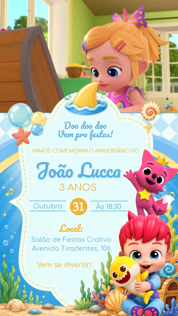 Convite Animado Aniversário Baby Shark Mar Para Editar Online