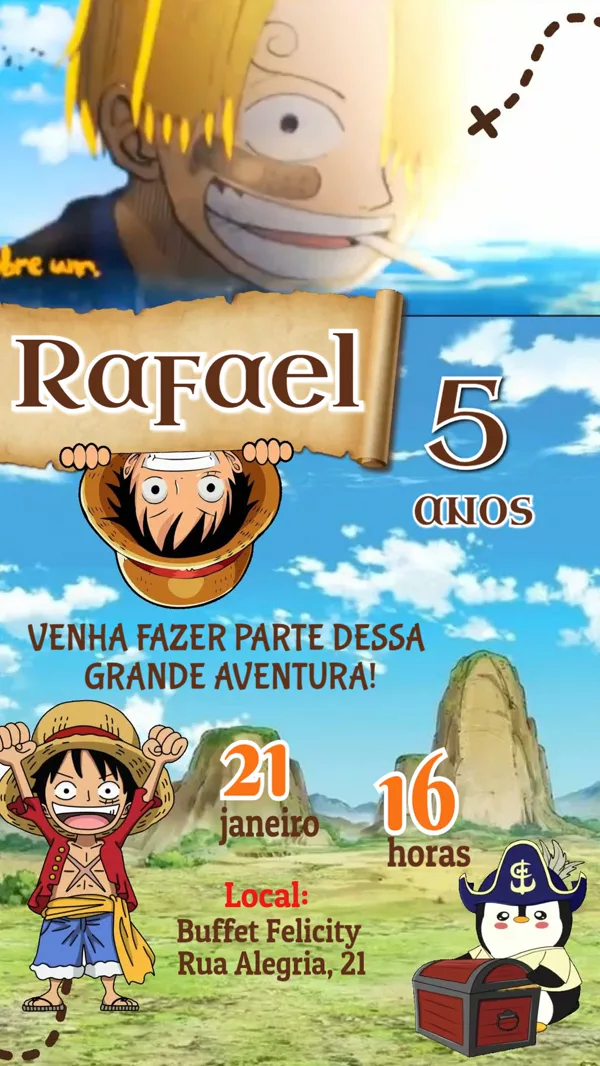 Convite Animado Aniversário One Piece Para Editar Online