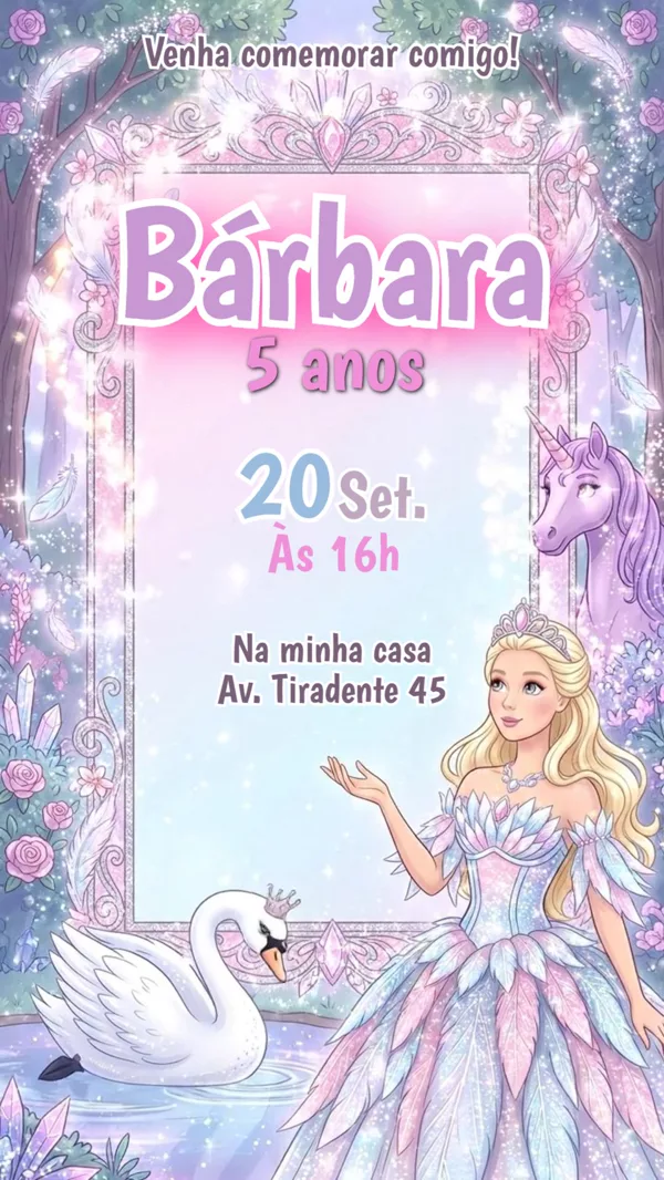 Convite Animado Aniversário Barbie Lago dos Cisnes Para Editar Online