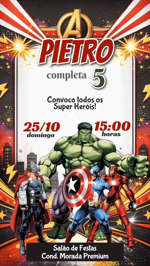 Convite Animado Aniversário Vingadores Hulk Para Editar Online