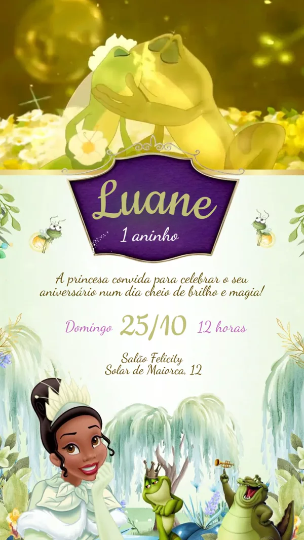 Convite Animado Aniversário Princesa e o Sapo Tiana Para Editar Online