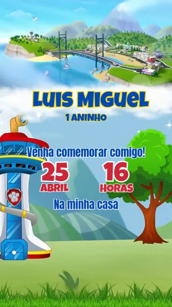 Convite Animado Aniversário Patrulha Canina Torre Para Editar Online