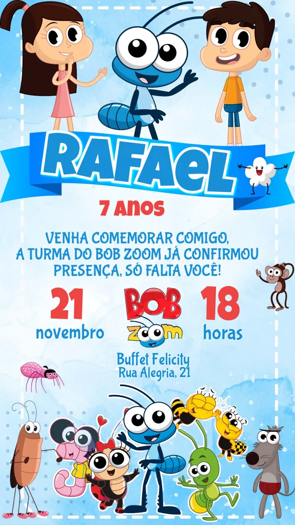 Convite Aniversário Bob Zoom Infantil Para Editar Online