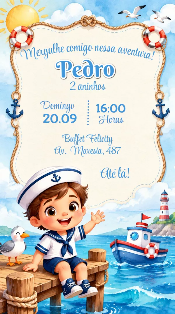 Convite Aniversário Marinheiro Náutico Azul Para Editar Online