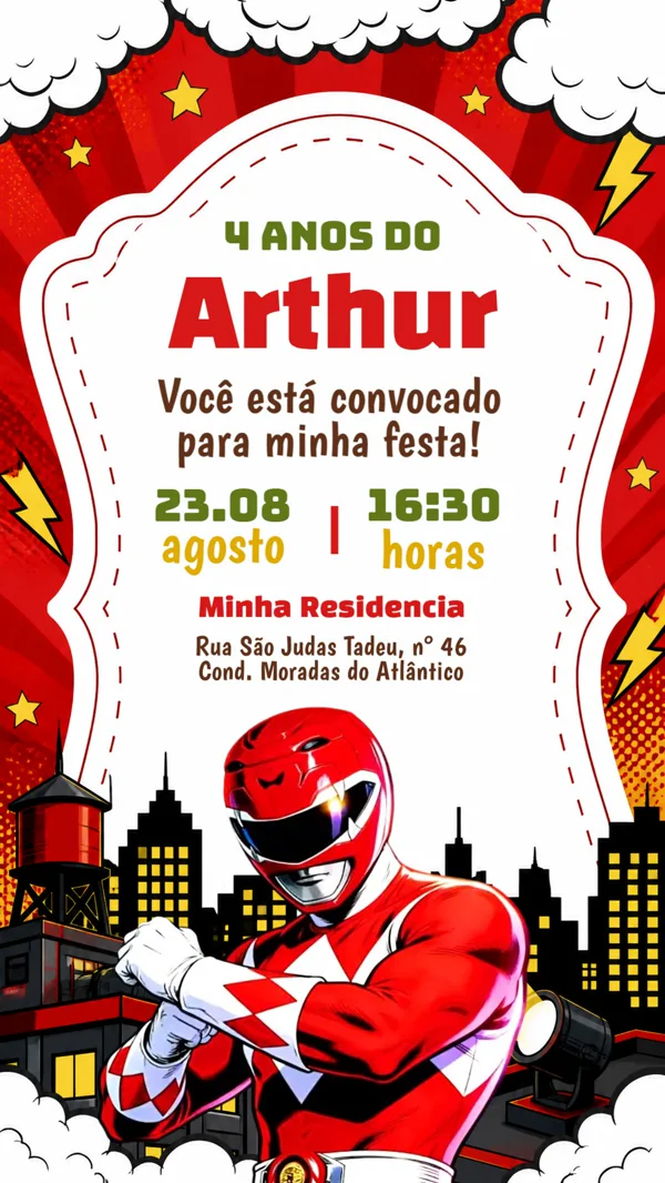 Convite Aniversário Power Rangers Vermelho Para Editar Online