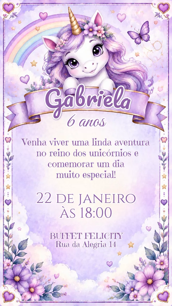 Convite Aniversário Unicórnio Lilás Para Editar Online