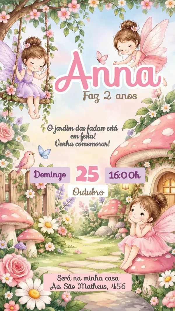 Convite Animado Aniversário Jardim das Fadas Rosa Para Editar Online