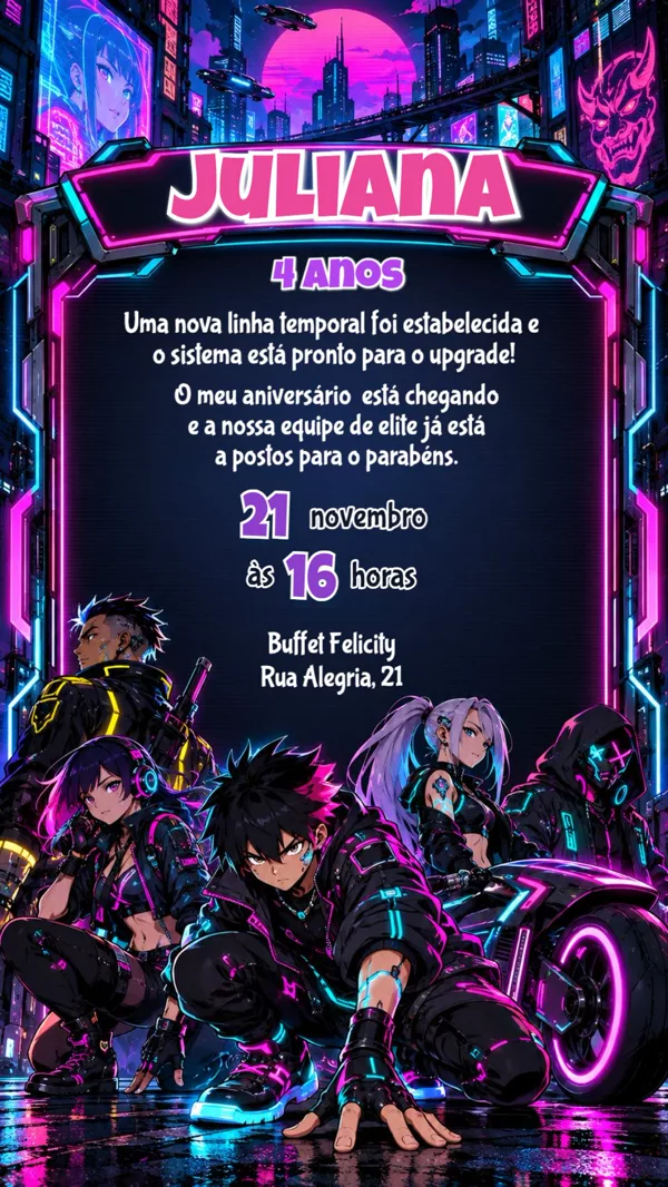 Convite Aniversário Cyberpunk Anime Neon Para Editar Online