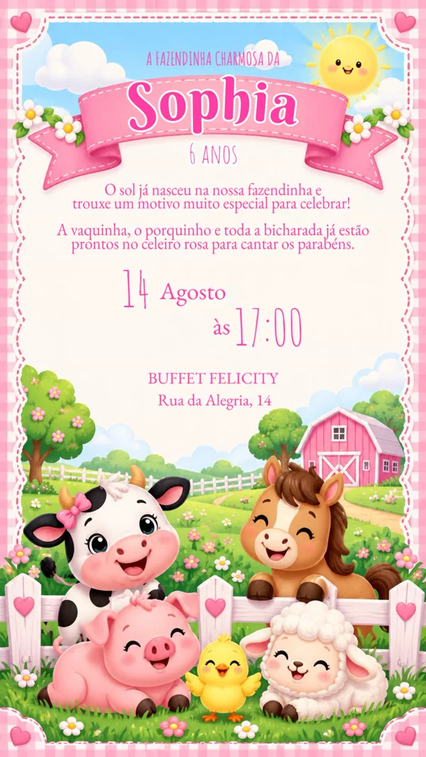 Convite Aniversário Fazendinha Rosa Para Editar Online