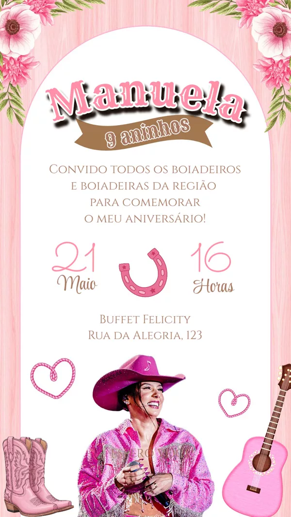 Convite Aniversário Ana Castela Boiadeira Rosa Para Editar Online
