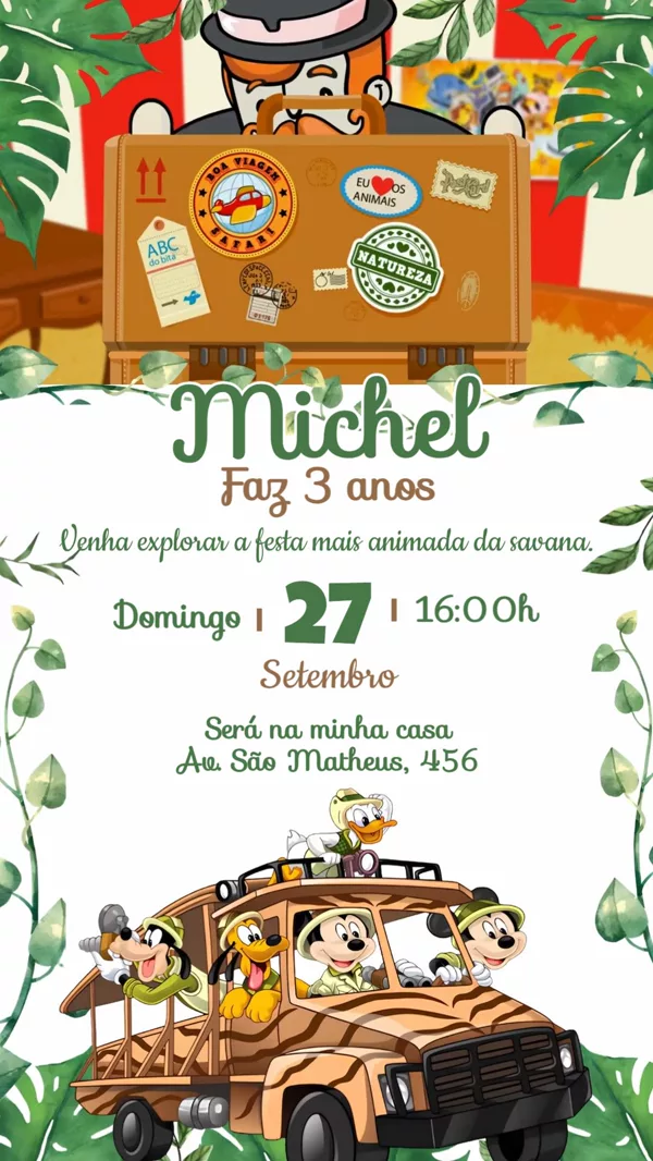 Convite Animado Aniversário Mickey Safari Para Editar Online