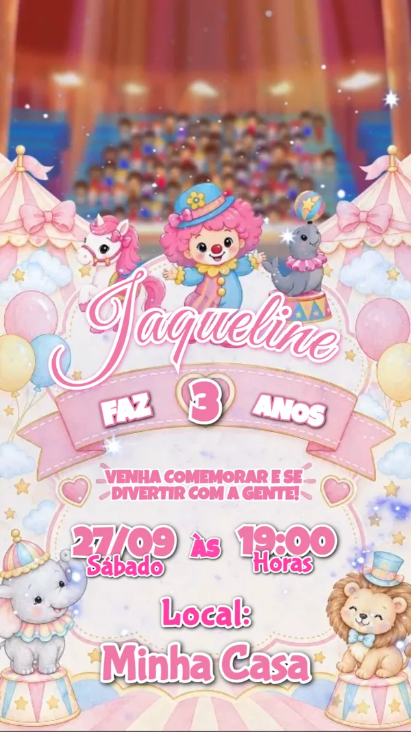 Convite Animado Aniversário Circo Rosa Candy Para Editar Online