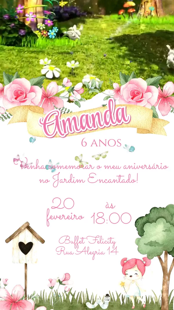 Convite Animado Aniversário Jardim Encantado Fadas Para Editar Online