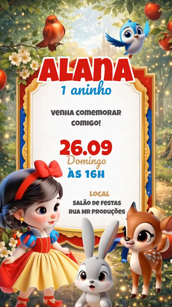 Convite Animado Aniversário Branca de Neve Cute Para Editar Online