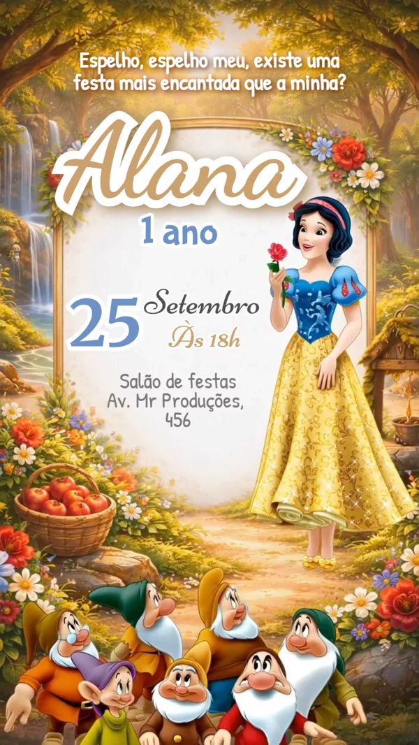 Convite Animado Aniversário Branca Neve Floresta Para Editar Online