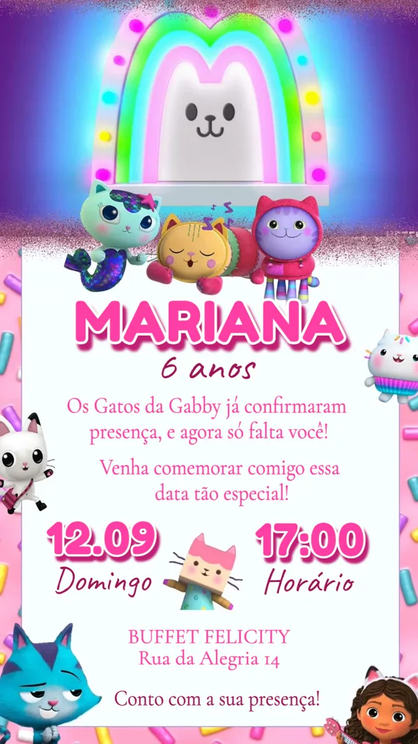 Convite Animado Aniversário Casa da Gabby Rosa Para Editar Online