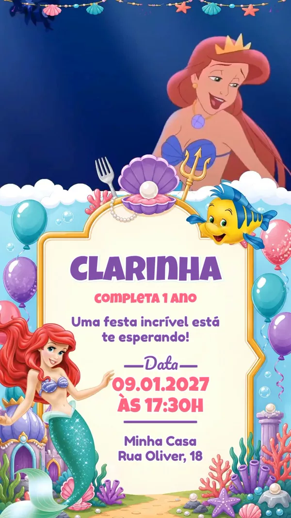 Convite Animado Aniversário Pequena Sereia Concha Para Editar Online