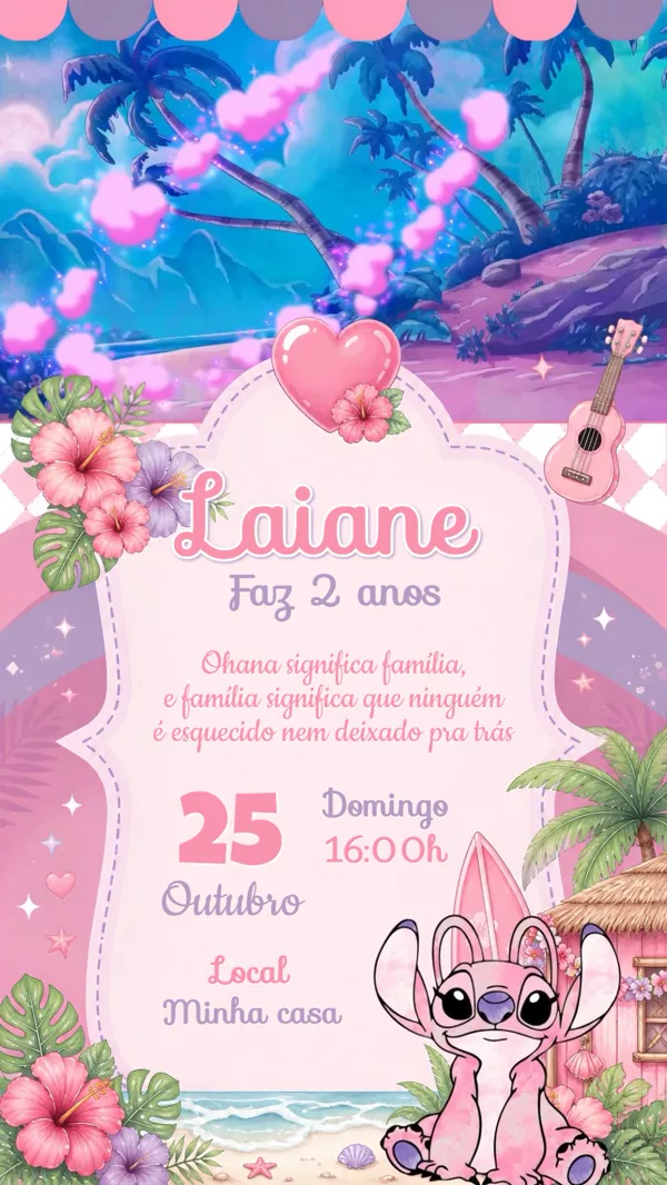 Convite Animado Aniversário Angel Stitch Havaí Para Editar Online