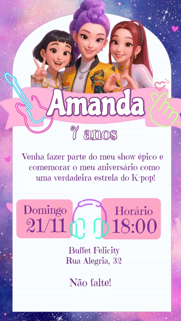 Convite Aniversário KPop Demon Hunters Para Editar Online